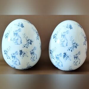 Set of 2 Ceramic Easter Eggs Decor 6.5" Shabby Chic Blue Floral Bunny Rabbits
